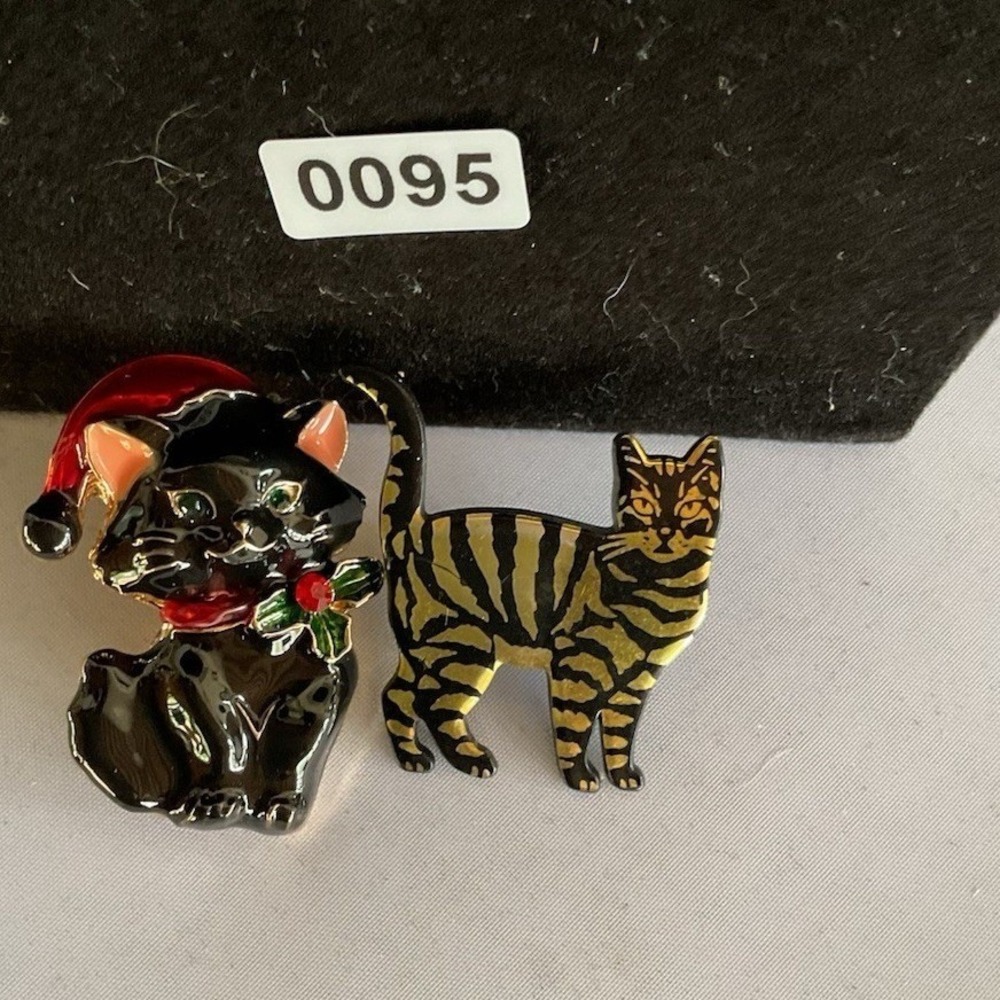 Black Cat Brooch And Black Cat With Gold Stripe Pin Vintage